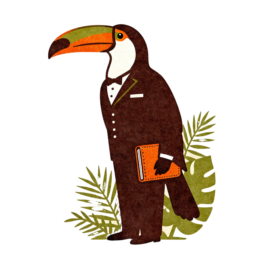 Don Tuco, a toucan in a brown tuxedo holding an orange booking ledger, standing among palm leaves